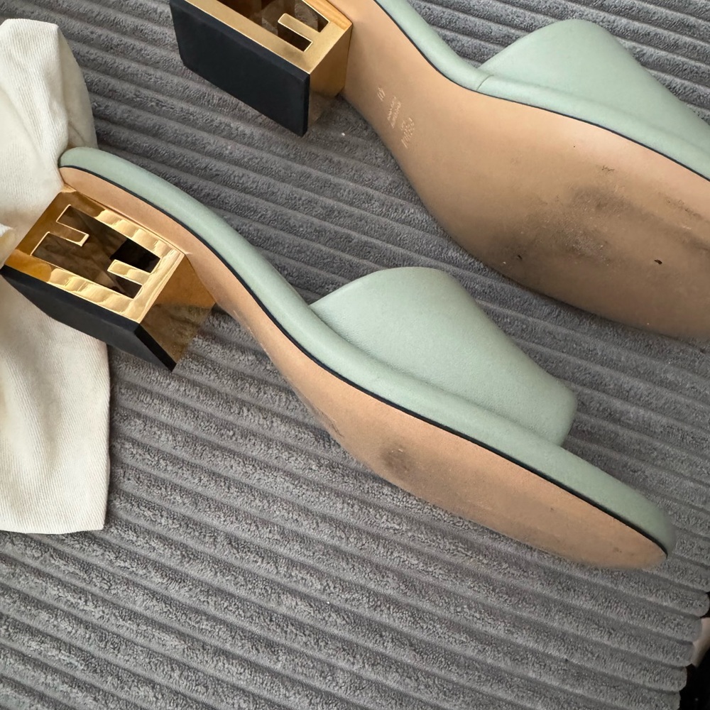 Fendi Nappa Baguette 60mm Slide Sandals Green Slide Sandals with Gold Heel - Picture 7 of 10
